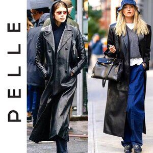 💋RETRO 90s CHIC💋STUNNING GENUINE LEATHER MAXI COAT in BLACK